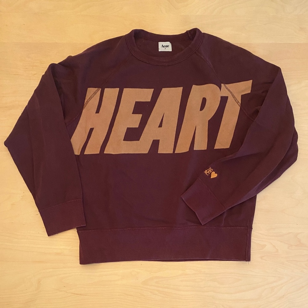 Acne Crewneck Sweater in Deep Burgundy with Tan 'HEART' Graphic